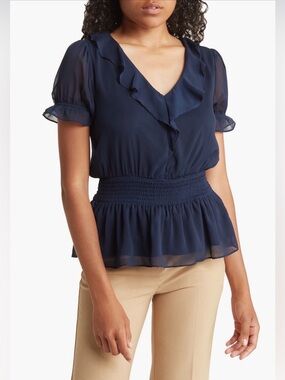 Everleigh  Navy Ruffle Smocked Peplum Blouse. Size Medium